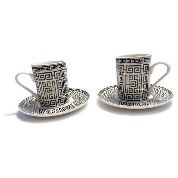2 Sets of NEW B/W Greek Key Design Bone China C&S 2-Piece Espresso Sets w/Gold … - Picture 4 of 5